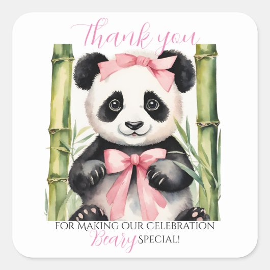 Baby Panda Beer Meisje Baby shower Dank u Vierkante Sticker (Voorkant)