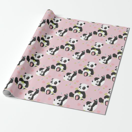 Baby Panda Beer Roze Harten Cadeaupapier (Uitgerold)