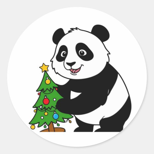 Baby panda met kerstboom ronde sticker (Voorkant)