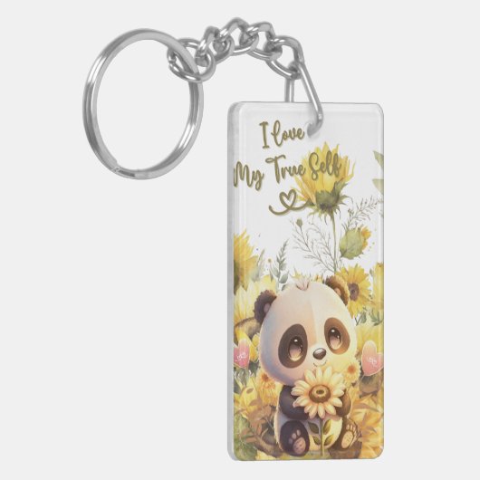 Baby panda met zonnebloem acryl Sleutelhanger (Voorkant Links)
