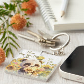 Baby panda met zonnebloem acryl Sleutelhanger (Voorkant Rechts)