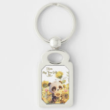Baby panda met zonnebloem metalen Sleutelhanger