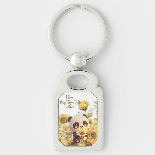 Baby panda met zonnebloem metalen Sleutelhanger (Voorkant)