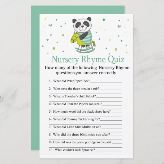 Baby Panda Nursery Rhyme Quiz baby shower game (Voorkant / Achterkant)