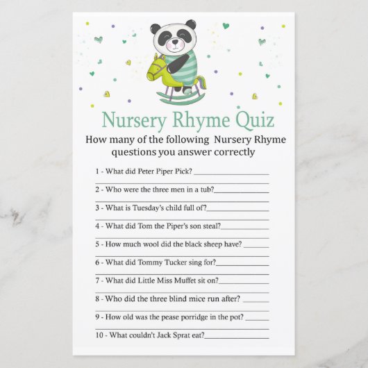 Baby Panda Nursery Rhyme Quiz baby shower game (Voorkant)