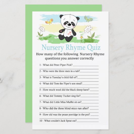 Baby panda Nursery Rhyme Quiz baby shower game (Voorkant / Achterkant)