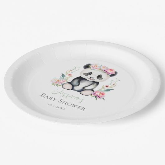 Baby Panda Peonies Oerwoud Baby shower Papieren Bordje (Gekanteld)
