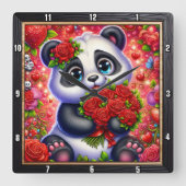 Baby Panda Red Rose Vierkante Klok (Voorkant)