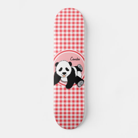 Baby Panda; Rode en Witte Gingham Persoonlijk Skateboard (Voorkant)