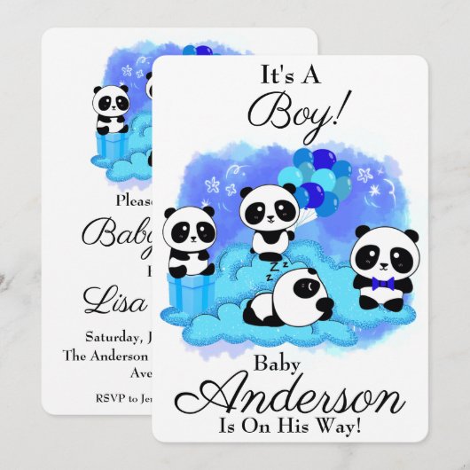 Baby Pandas Boy Baby shower Uitnodiging (Voorkant / Achterkant)