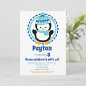 Baby Penguin Blue Winter Birthday Party Kaart (Staand voorkant)