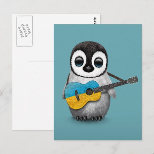 Baby Penguin die de Oekraïense vlag Guitar Blue Briefkaart (Voorkant / Achterkant)