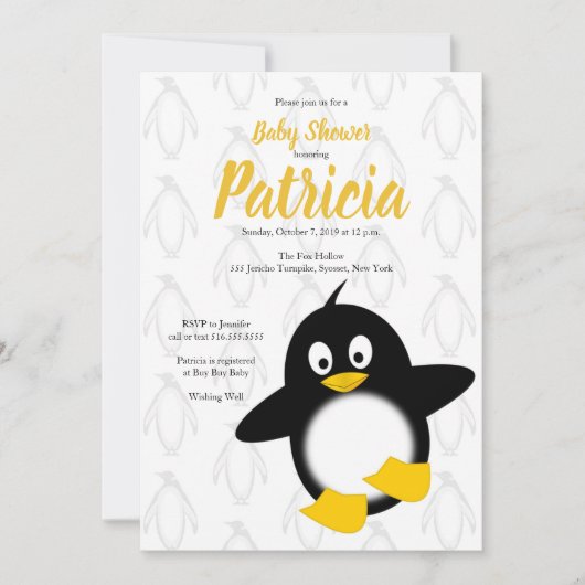 Baby Penguin Geel Zwart Baby shower Kaart (Voorkant)