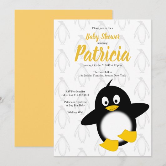 Baby Penguin Geel Zwart Baby shower Kaart (Voorkant / Achterkant)