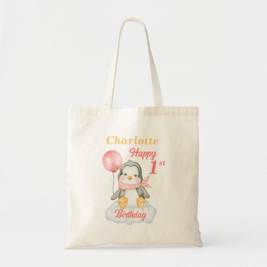 Baby Penguin Happy 1st Birthday Canvas tas (Voorkant)