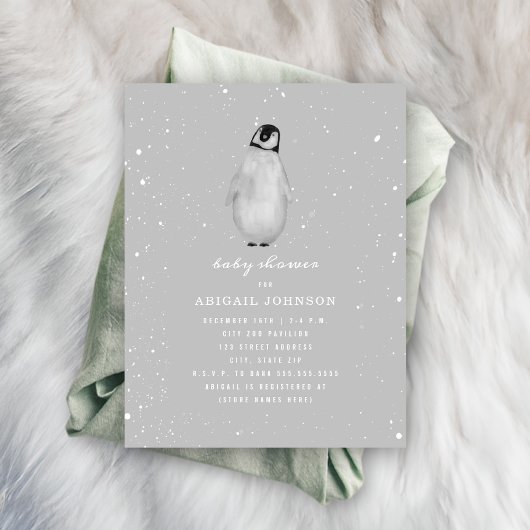 Baby Penguin Neutral Grey Baby shower Kaart