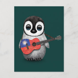 Baby Penguin Plays Taiwanese vlag Guitar Blauwgroe Briefkaart