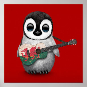 Baby Penguin Speling Welsh Flag Guitar Red Poster