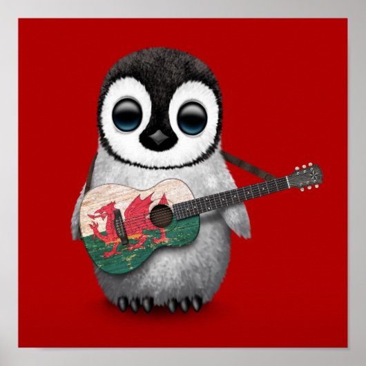 Baby Penguin Speling Welsh Flag Guitar Red Poster (Voorkant)