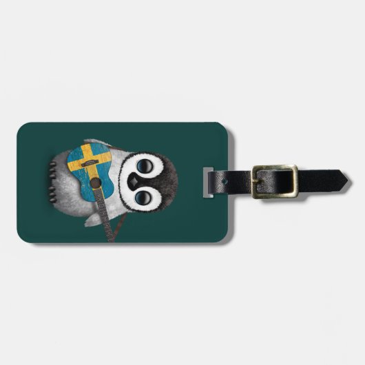 Baby Penguin Spelling Zweedse vlag Blauwgroen Bagagelabel (Voorkant horizontaal)