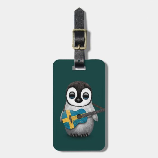 Baby Penguin Spelling Zweedse vlag Blauwgroen Bagagelabel (Voorkant verticaal)