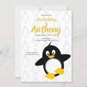 Baby Penguin Yellow Black First Birthday Kaart