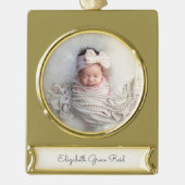 Baby PHOTO-aankondiging NAAM Tijdloze aandenken Verguld Banner Ornament (Voorkant)
