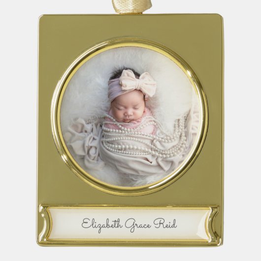 Baby PHOTO-aankondiging NAAM Tijdloze aandenken Verguld Banner Ornament (Voorkant)