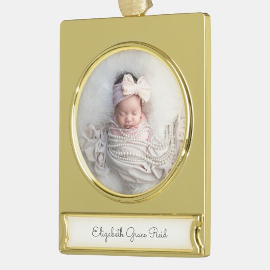 Baby PHOTO-aankondiging NAAM Tijdloze aandenken Verguld Banner Ornament (Links)