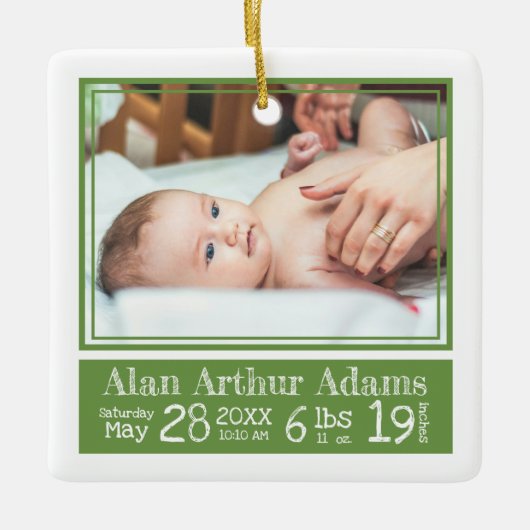 Baby Photo Birth Stats Ornament | Groene strepen (Voorkant)