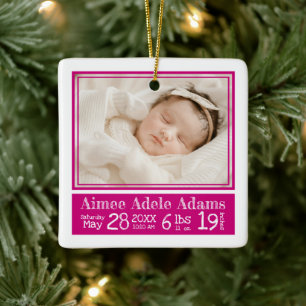 Baby Photo Birth Stats Ornament   Magenta Stripes