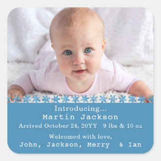 Baby Photo Blue Boy Script Birth Name Announcement Vierkante Sticker
