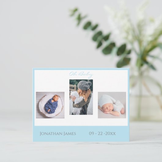 Baby Photo Blue Boy Script Stats Cute Birth Aankondigingskaart (Staand voorkant)