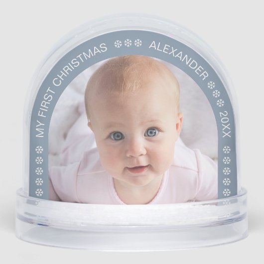 Baby Photo Dusty Blue Arch Snowflakes Christmas Sneeuwbol (Voorkant)