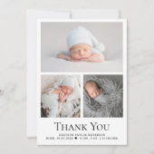 Baby Photo Grid Geboortestatistieken Zwart Wit Bedankkaart (Voorkant)