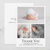 Baby Photo Grid Geboortestatistieken Zwart Wit Bedankkaart (Voorkant / Achterkant)