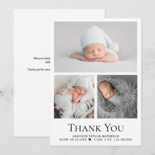 Baby Photo Grid Geboortestatistieken Zwart Wit Bedankkaart (Voorkant / Achterkant)