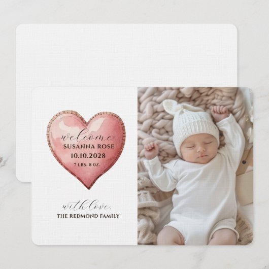 Baby Photo Modern Heart Birth Announcement Card Aankondiging (Voorkant / Achterkant)
