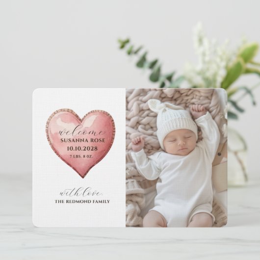Baby Photo Modern Heart Birth Announcement Card Aankondiging (Staand voorkant)
