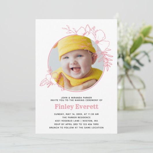 Baby Photo Pink Floral Lijst Naming Ceremony Kaart (Staand voorkant)