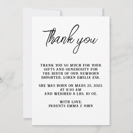 Baby Photo Thank You Script Heart Birth Aankondiging (Achterkant)