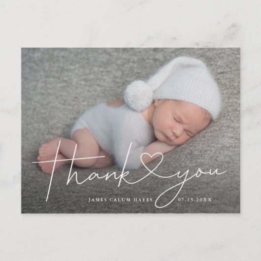 Baby Photo Thank You Script Heart Birth Aankondigingskaart (Voorkant)