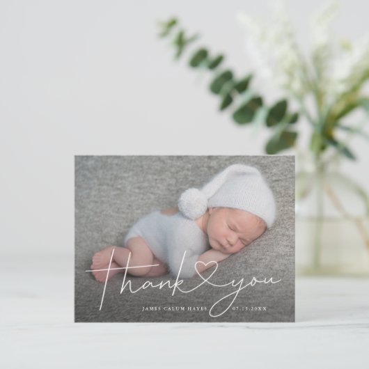 Baby Photo Thank You Script Heart Birth Aankondigingskaart (Staand voorkant)