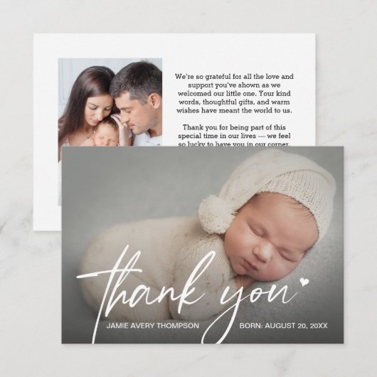 Baby Photos small Thank you Heart Modern Birth Bedankkaart (Voorkant / Achterkant)
