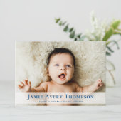 Baby Photos Thank you Heart Modern Blue Birth Aankondiging (Staand voorkant)