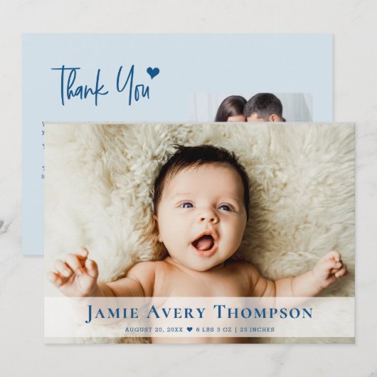 Baby Photos Thank you Heart Modern Blue Birth Aankondiging (Voorkant / Achterkant)