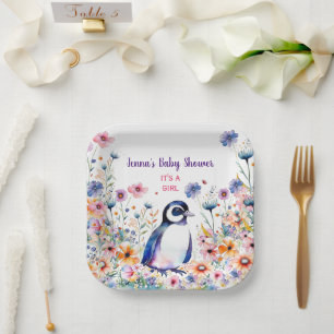 Baby Pinguïn in bloemen Het is een meisje BABY S Papieren Bordje