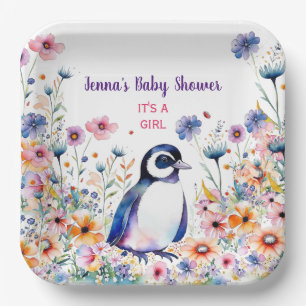 Baby Pinguïn in bloemen Het is een meisje   BABY S Papieren Bordje