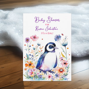 Baby Pinguïn in Bloemen Meisjes Baby shower Kaart
