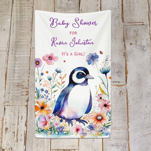 Baby Pinguïn in Bloemen Meisjes Baby shower Spandoek